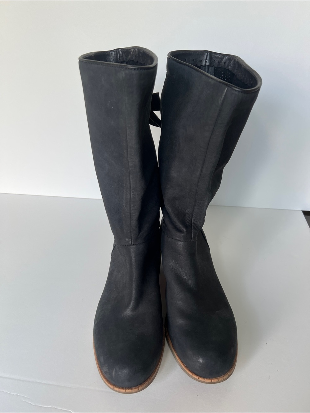 UGG Black Tall Leather Heeled Boots with leather bows